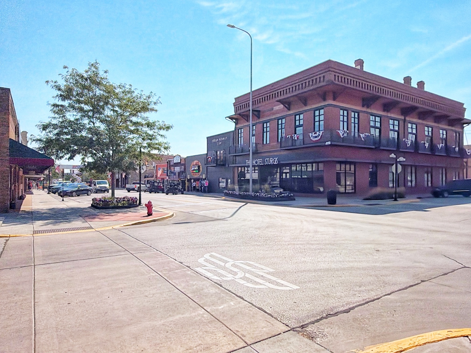 Downtown Sturgis streetscape at the corner by Hotel Sturgis