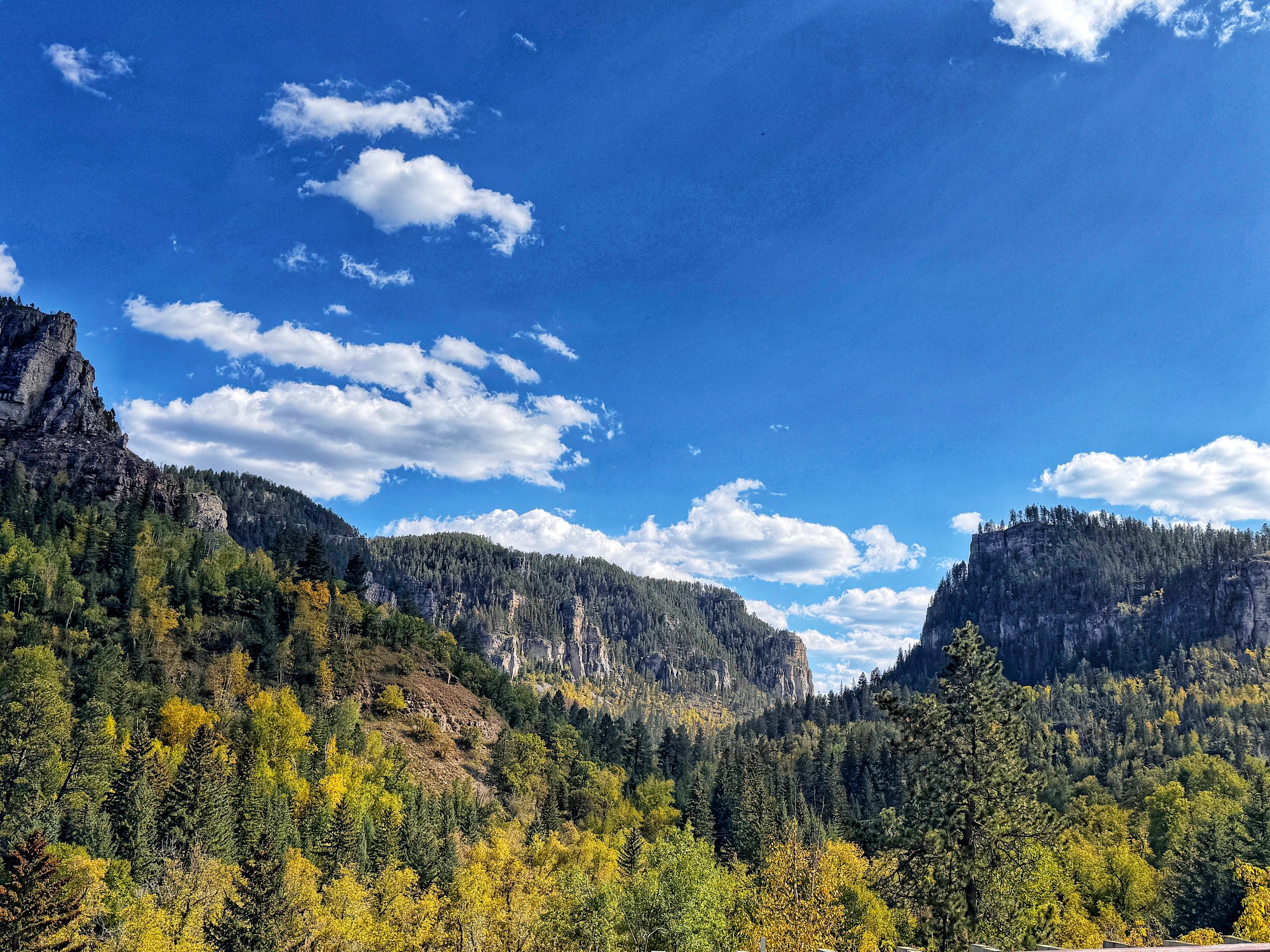 Spearfish Canyon limestone cliffs with fall aspen color near Spearfish, South Dakota